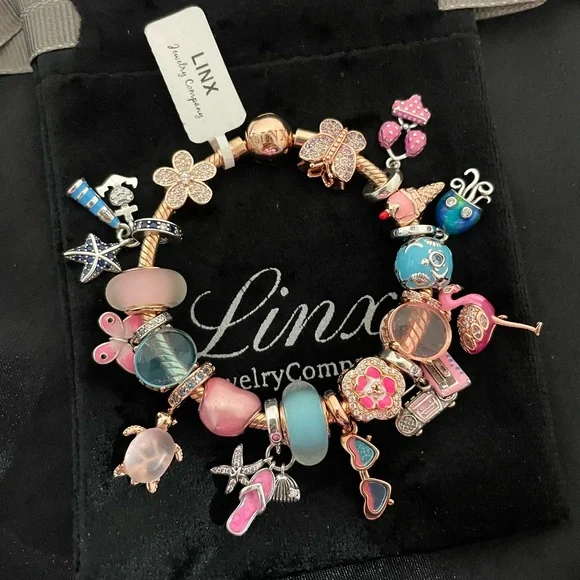 Linx Rose Gold Snake Chain Bracelet with Beach and Summer Themed Charms